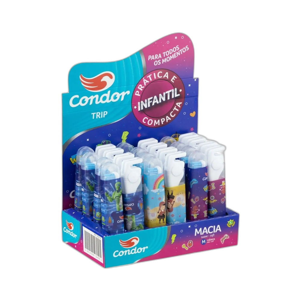 Exibição de vários tubos de escova dental Condor Trip Infantil em um display, com fundo branco.